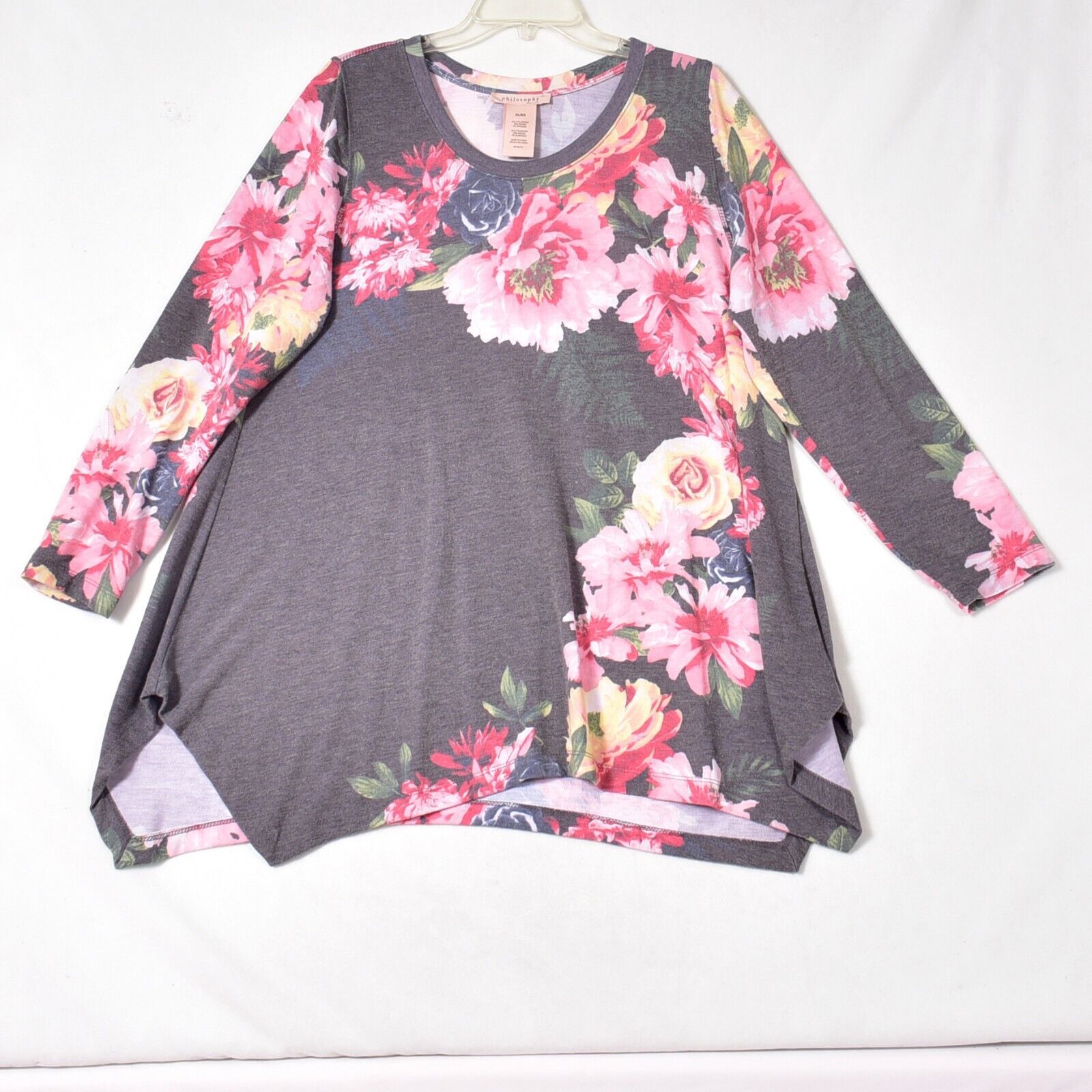 Philosophy Grey Floral Botanical Trellis Sharkbite Tunic Top Size XL - $12.17