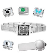 Black Square Italian Charm Watch Bracelet Plus Charm Tool &amp; Enamel Charms - $18.69