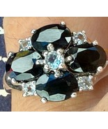 925 Sterling Silver Ring w Natural Sapphire, Aquamarine & Diamond Cluster Sz9.75 - $245.00