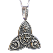 Triquetra Pentacle Pendant Sun Moon &amp; Stars Necklace 925 Sterling Silver &amp; Boxed - £34.95 GBP