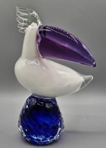 White 9&quot; Glass Pelican Sitting On Blue Pedestal, Murano Style - $23.36