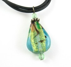 Green Foil Art Glass Teardrop Pendant Necklace Vintage Black Cords 20&quot; - £18.19 GBP