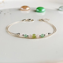 Green aventurine rose quartz silver bracelet,layered bracelet,stackable crystal  - £28.10 GBP