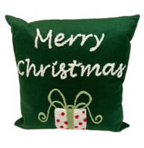 C&amp;F Merry Christmas Tuft Pillow Green Felt Embroidered Design 16&quot; x 16&quot; Square - £13.30 GBP