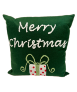 C&amp;F Merry Christmas Tuft Pillow Green Felt Embroidered Design 16" x 16" ... - $17.82