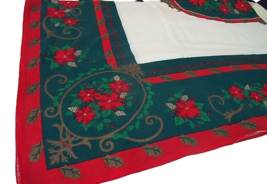 VINTAGE POINSETTIA FLOWERS TABLECLOTH 50&quot; X 68&quot; Christmas Holiday Pine C... - £23.67 GBP