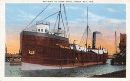 Ore Steamer Shifting to Home Dock Green Bay Wisconsin linen postcard - $6.43