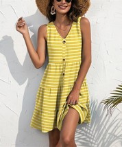 UDEAR Yellow &amp; White Stripe Tiered Button-Accent Sleeveless V-Neck Dress- Small - $20.07