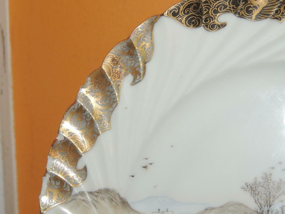 Hand painted 7.5" Plate China gold black fishing village poss Kutani Antique 3 Item image 2