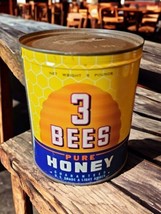 Vintage 3 BEES Honey 5lb Can Tin Advertising Farmhouse Diner Movie Prop ... - £150.00 GBP