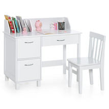 Kids Wooden Writing Desk & Chair Set w/ Pull-out Drawer & 2 Deep Cabinets White - £247.69 GBP