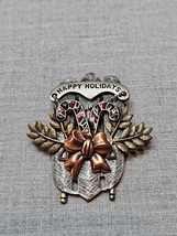Happy Holidays Candy Cane Sled Silver Tone Pin Brooch 2&#39;&#39; Christmas, Vin... - $18.36 CAD