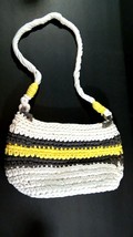 Hand Made Crochet Purse / Shoulder Bag White with Grey &amp; Yellow Stripes - £11.83 GBP