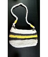 Hand Made Crochet Purse / Shoulder Bag White with Grey &amp; Yellow Stripes - £11.75 GBP