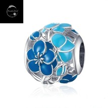 Genuine Sterling Silver 925 Blue Flower Blossom Bead Charm For Bracelets With CZ - £16.13 GBP