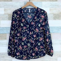 Xhilaration Floral Peasant Blouse Blue Pink Rope V Neck Long Sleeve Womens XS - £7.01 GBP