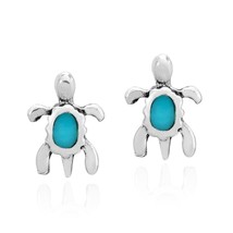 Tiny Sterling Silver Sea Turtles with Simulated Blue Turquoise Stud Earrings - £10.03 GBP