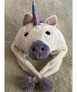 NEW Top Drawer Fleece White Purple UNICORN Hat Poms Dangle One Size Kids - $16.80 CAD