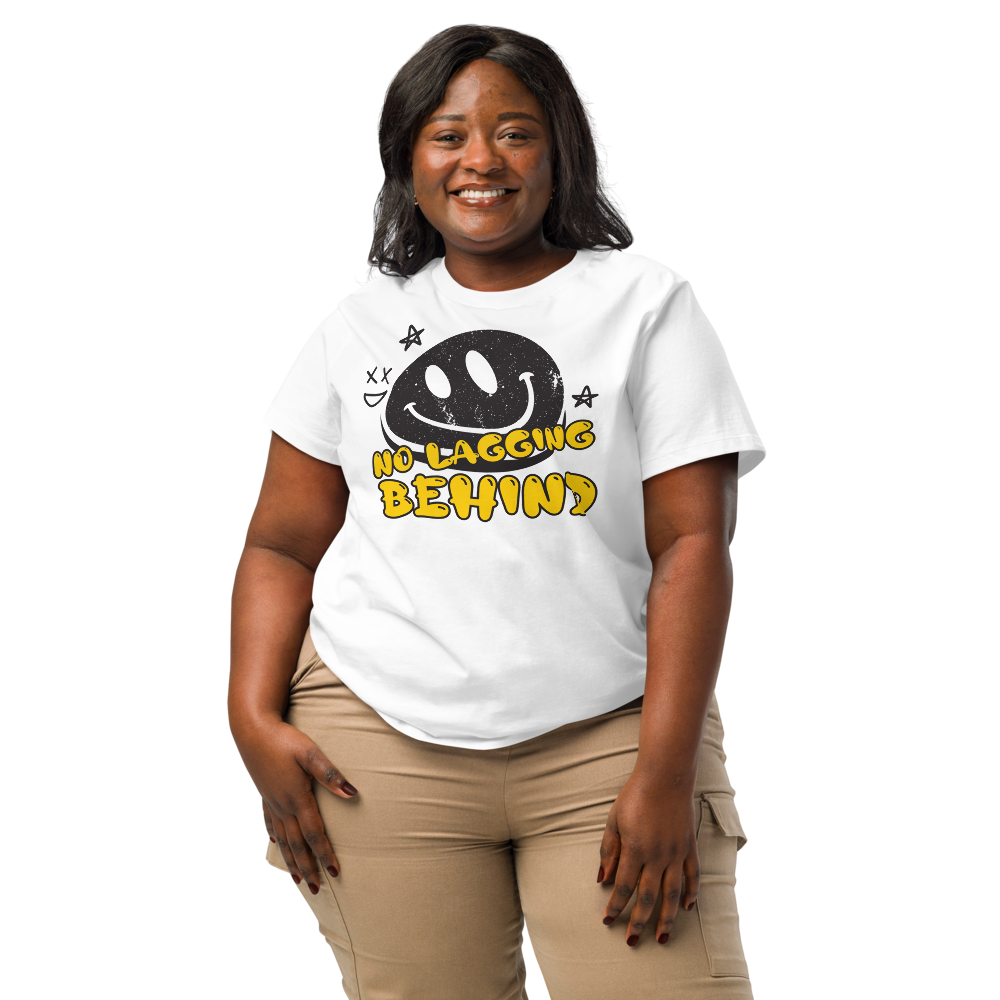 Women’s Organic Ribbed Neck T-Shirt – No Lagging Behind (White) - $54.99