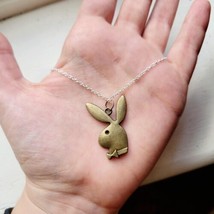 Classic Bronze &amp; Silver Playboy Bunny Pendant Dangle Drop Necklace - $18.99