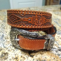 Rare Levi&#39;s Men’s Leather Tooled Western Braided Saddleman Belt Brown SZ 36 3107 - £232.91 GBP