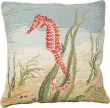 Pillow Throw Sea Horse 18x18 Coral Pink Down Insert Cotton Velvet Back Wool - £238.70 GBP