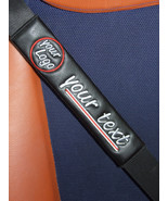 2 Black Leather Seatbelt Pads Embroidered with Custom CAR LOGO and TEXT  - £13.58 GBP