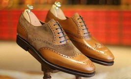Handmade Men&#39;s Genuine Tan Leather, Suede Oxford Lace Up Wingtip Brogue Shoes - £102.74 GBP+