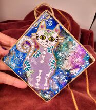 Sugar Skull Cat Handcrafted Painted Ceramic Tile For Hanging Framing Gif... - $8.95