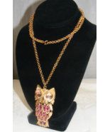 Vintage Gold Tone 30&quot; Necklace Owl Pendant Open Back Pink Rhinestones 16-D - $44.54