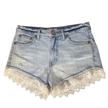 Free People Good Vibes Booty Jean Shorts Size 25 Blue Crochet Lace Distr... - $26.73