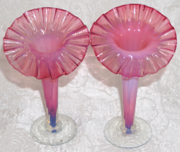 Pair Delicate Cranberry Opalescent Venetian Art Glass Jack in the Pulpit Vases - £120.63 GBP