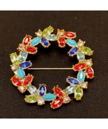 NRO Signed Pin Brooch Wreath Red Green Blue Stones Gold Tone Costume Jew... - $17.75