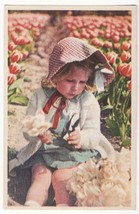 Cute Hooded Little Girl Playing With Flowers, c1940s Vintage Children Postcard - £2.75 GBP
