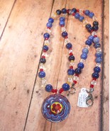 Necklace Bead Pendant Blue Glass w/ Colored Spacers Swirl Flower 24&quot; Upc... - $12.00