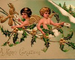 Vtg Postcard Embssed &amp; Gilded Christmas Angels Holly Unused - $7.08