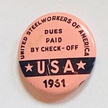 Steelworkers America pin button 1961 pinback vtg mcm trade union dues paid check - £23.18 GBP