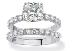 Cushion Cz Accents Bridal 2 Ring Set Band Platinum Sterling Silver 6 7 8 9 10 - £239.79 GBP