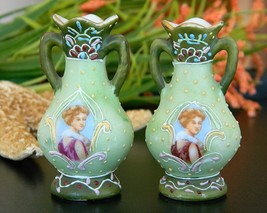 Pair Vintage Miniature Portrait Cabinet Vase Urn Japan Moriage Pottery - £22.10 GBP