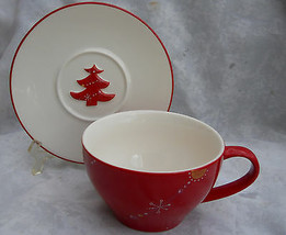 2 STARBUCKS COFFEE CUP SAUCER SETS HOLIDAY 2006 CHRISTMAS TREE RED 12 OZ - $21.77