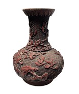 Vintage Cinnabar Carved Chinese Red Lacquered Vase Gold Foil Label Birds... - $80.91 CAD