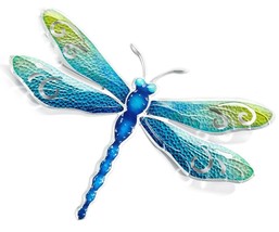 Dragonfly Wall Plaque 15" long Blue Green Metal with Wing Cut Outs Silver Trim