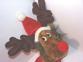 Vtg Reindeer Moose Christmas Stocking Plush Smithy Large 24&#39;&#39; Santa Hat Hooves - £29.10 GBP