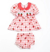 NEW Boutique Strawberry Embroidered Smocked Tunic &amp; Bloomers Baby Girls Outfit - £13.58 GBP