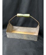 Antique Galvanized Metal Tool Kitchen Caddy Old Green Paint Wooden Handle - $50.91 CAD