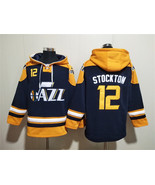 Men&#39;s Utah Jazz #12 John Stockton Navy Yellow Lace-Up Pullover Hoodie - €64,81 EUR