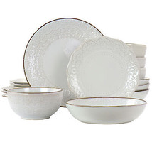 Elama Countess 16 pc Embossed Double Bowl Stoneware Dinnerware Set Off-W... - $96.36