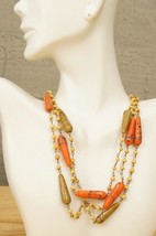 Vintage Italian Glass Artisan Beaded Necklace 50" Coral Pink Sage Tan Beads - $30.68