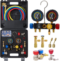 Automotive 4 Valve AC Manifold Gauge with 5Ft Hoses, Quick Couplers, Ada... - $123.20