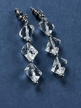 Long Tiny SIlvertone Cab w Three Clear Faceted Beads Dangle Post Earrings for - £9.08 GBP
